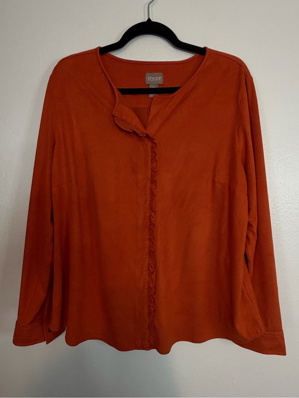Chico’s Blouse Burnt Orange Sueded Size 2 (large 12) Long Sleeve Pop-over